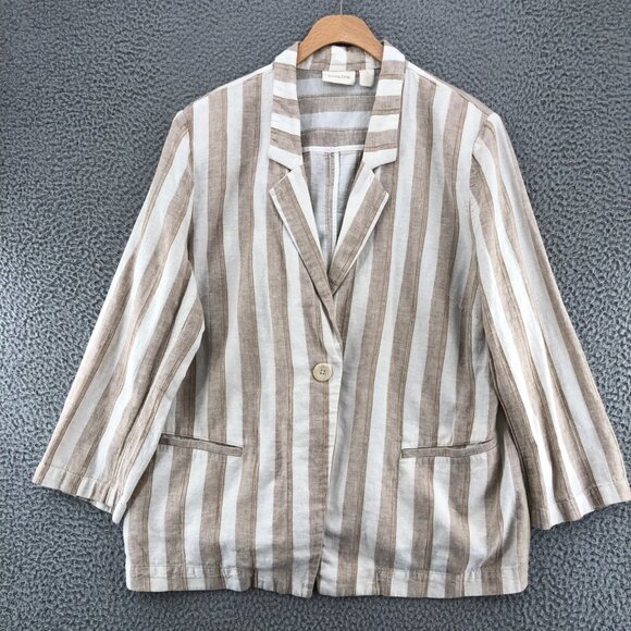 Chicos Blazer Womens 3 US 16 Ivory Striped Linen Pockets Button Up 3/4 Sleeve - Picture 1 of 11